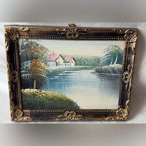 Framed Lake House Landscape Painting VTG Oil Art Picture Nature